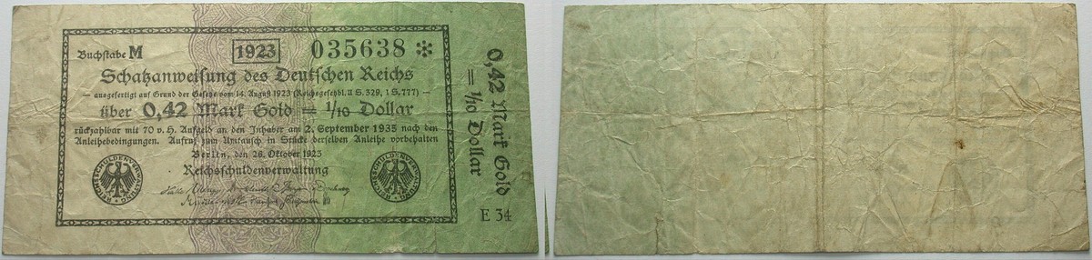 0,42 Mark Gold = 1/10 Dollar 26.10.1923 Rosenberg 142 a Gebraucht