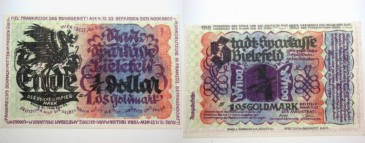 1,05 Goldmark = 1/4 Dollar 8.11.1923 Grabowski 95 Grasser/Pick 48 Kassenfrisch