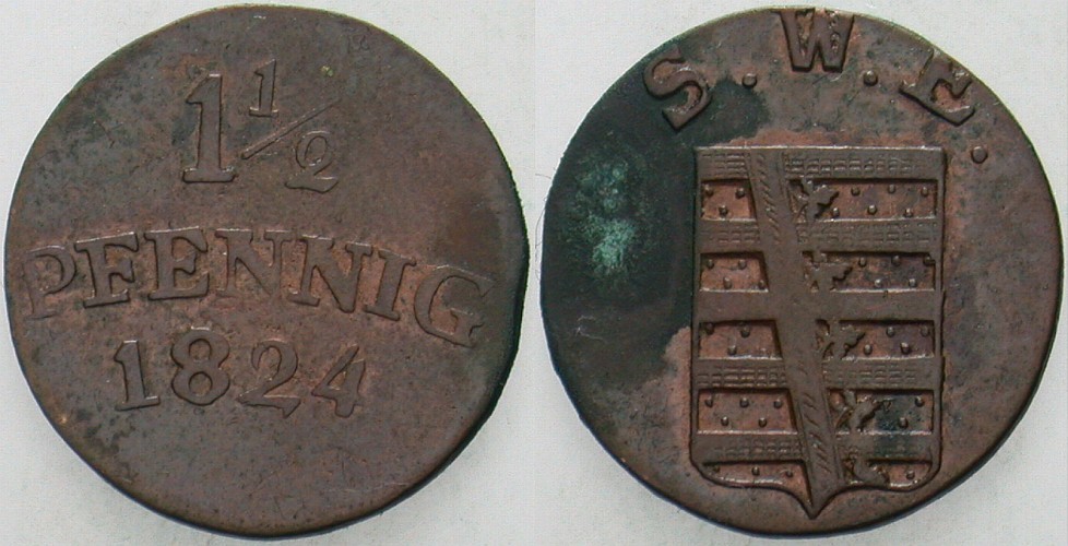1 1/2 Pfennig 1824 Jaeger 520 AKS 16 Fleckig, sehr schön