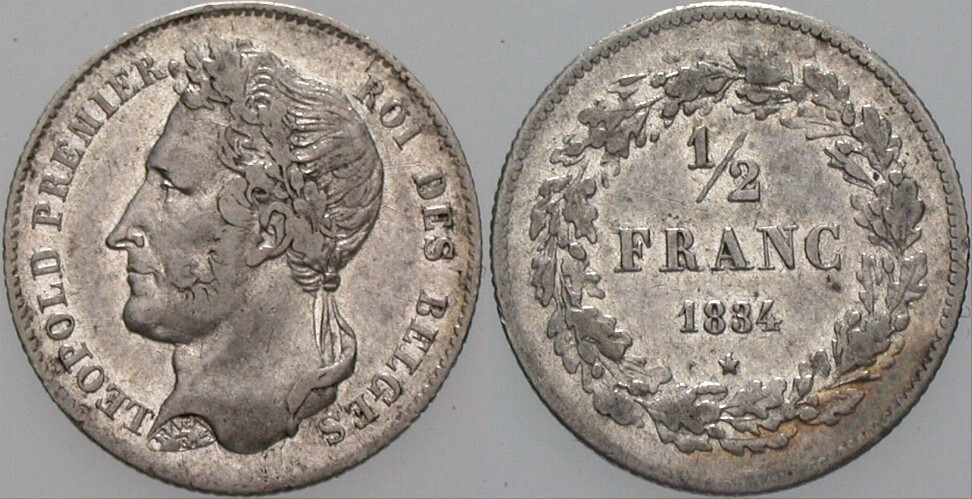 1/2 Franc 1834 K.M. 6 Patina, sehr schön