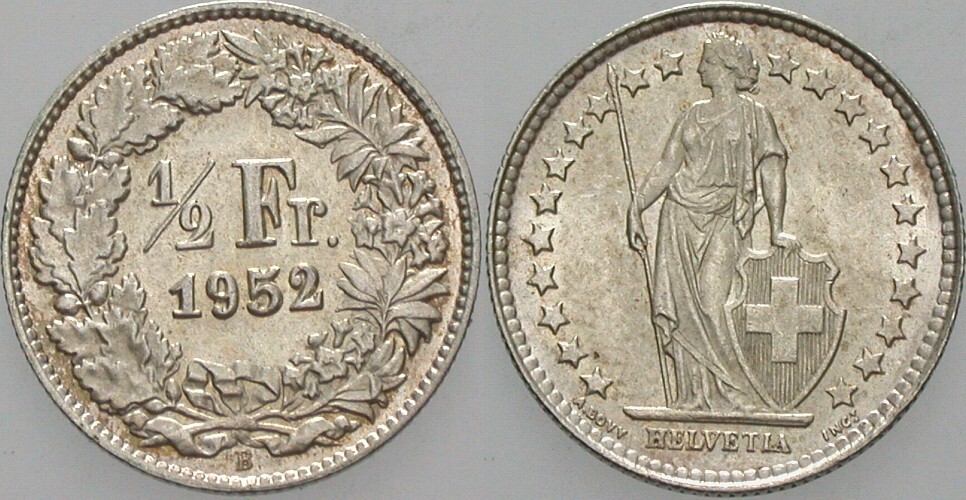 1/2 Franken 1952 Patina, Stempelglanz