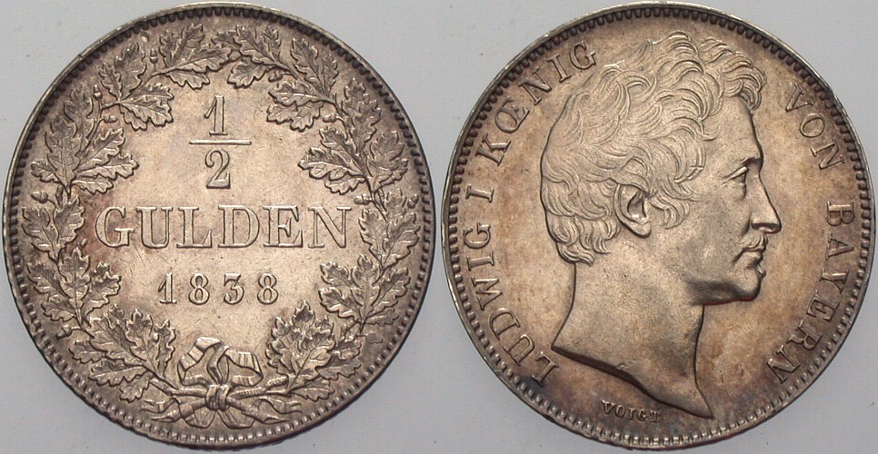 1/2 Gulden 1838 Jaeger 61 AKS 79 Patina, wz. Rdf., vorzüglich +