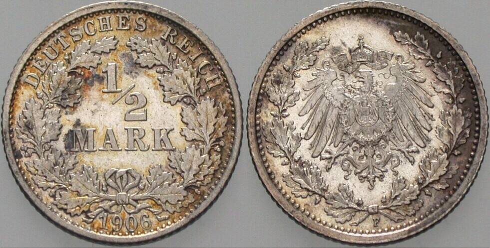 1/2 Mark 1906 J. 16 Patina, vorzüglich - Stempelglanz