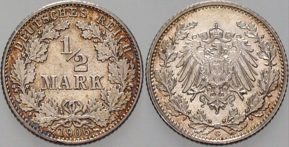 1/2 Mark 1906 J. 16 winz. Randfehler, fast Stempelglanz