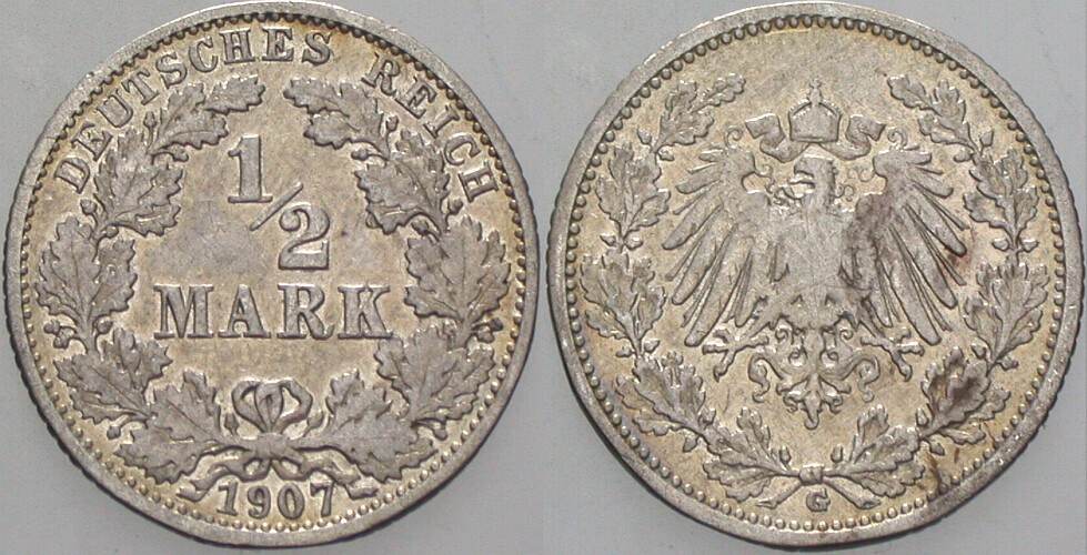 1/2 Mark 1907 J. 16 Fast sehr schön