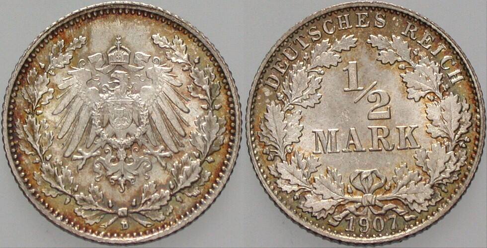 1/2 Mark 1907 J. 16 fast Stempelglanz