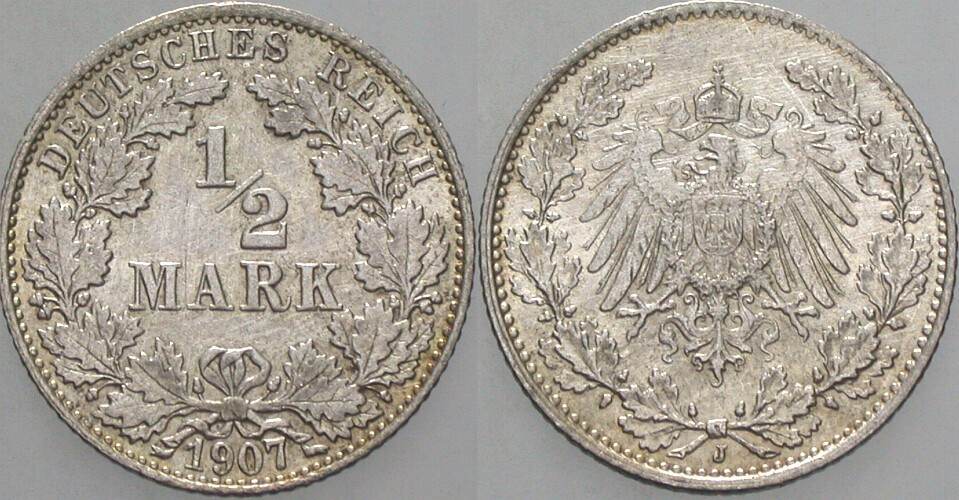 1/2 Mark 1907 J. 16 Kl. Kratzer, vorzüglich
