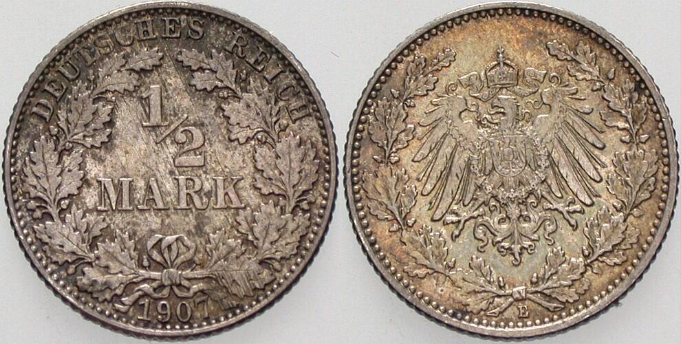 1/2 Mark 1907 J. 16 Patina, vorzüglich