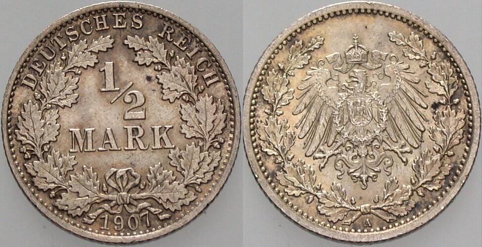 1/2 Mark 1907 J. 16 vorzüglich - Stempelglanz