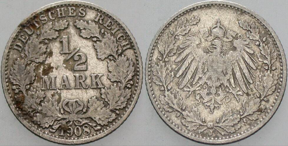 1/2 Mark 1908 J. 16 Belag, sehr schön