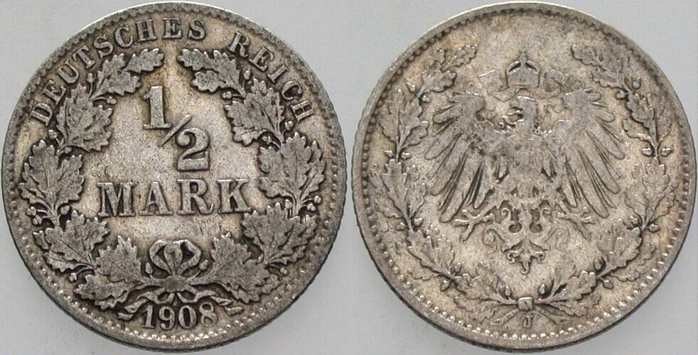 1/2 Mark 1908 J. 16 fast sehr schön