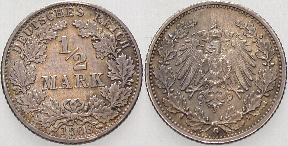 1/2 Mark 1908 J. 16 Patina, sehr schön - vorzüglich