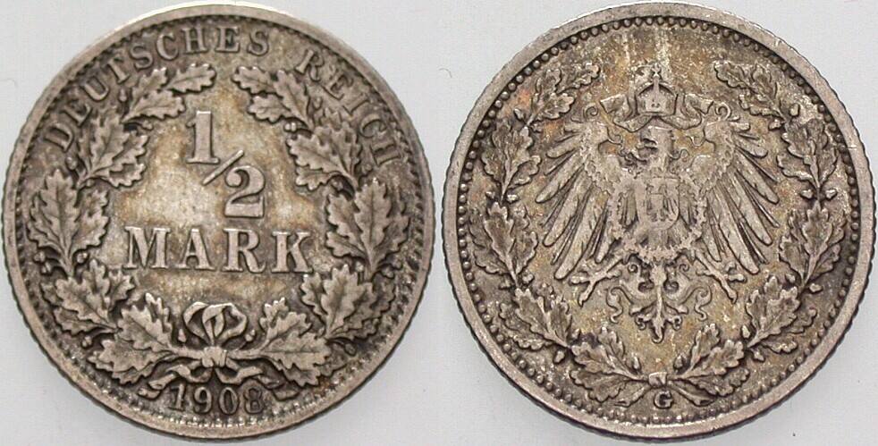 1/2 Mark 1908 J. 16 sehr schön