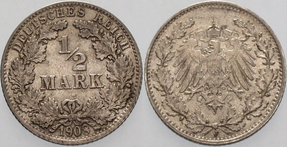 1/2 Mark 1908 J. 16 vorzüglich