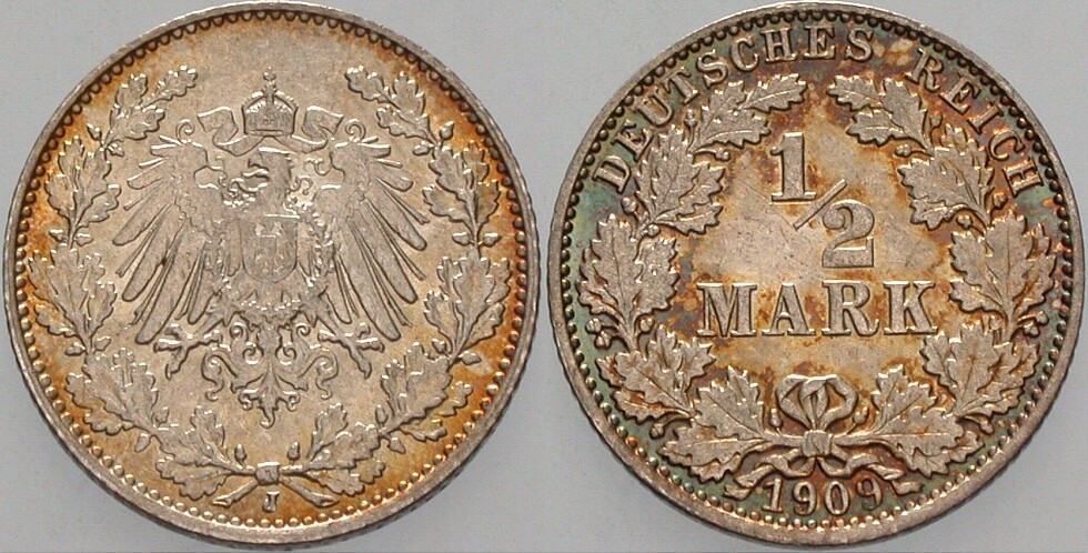 1/2 Mark 1909 J. 16 Patina, vorzüglich - Stempelglanz