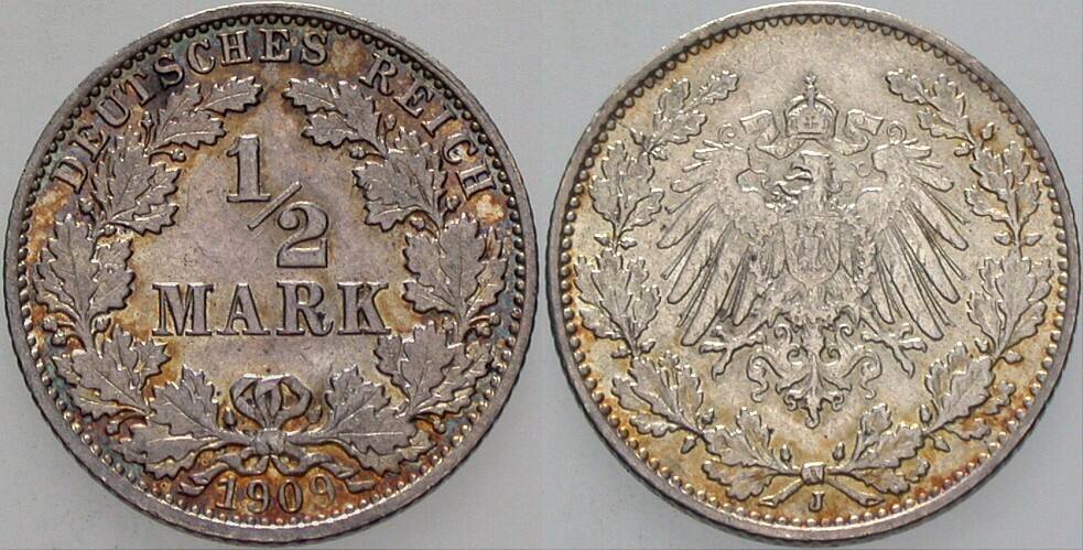 1/2 Mark 1909 J. 16 Vorzüglich