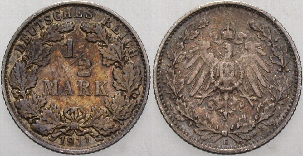 1/2 Mark 1911 J. 16 Sehr schön +