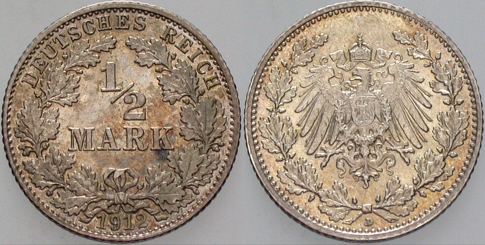 1/2 Mark 1912 J. 16 Patina, vorzüglich - Stempelglanz