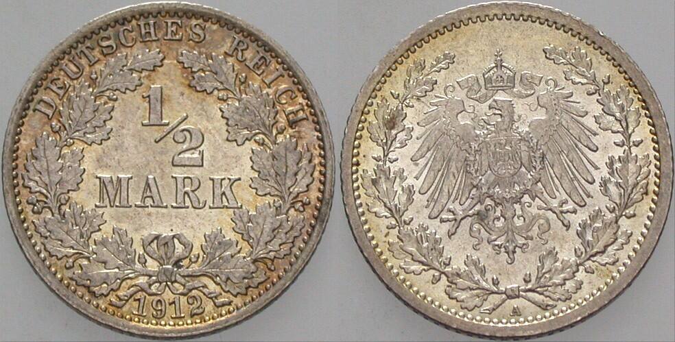 1/2 Mark 1912 J. 16 vorzüglich - Stempelglanz