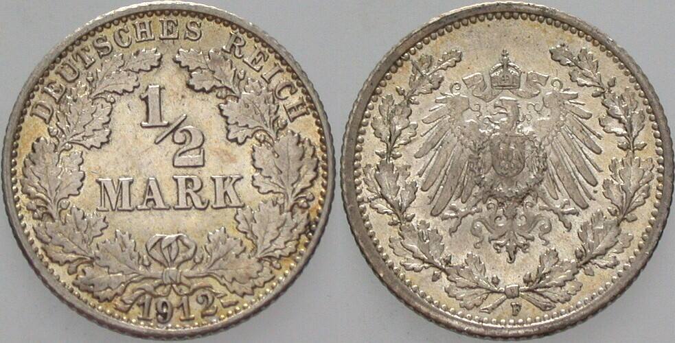 1/2 Mark 1912 J. 16 Vorzüglich