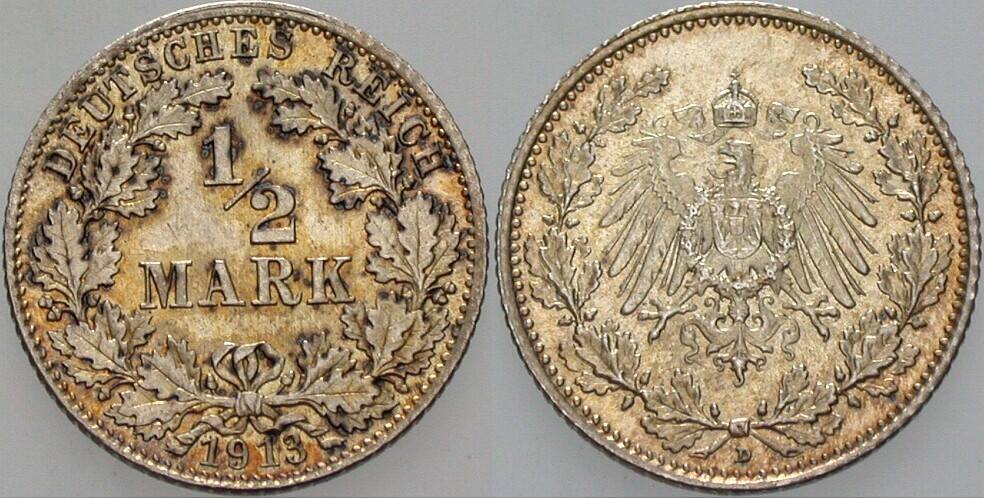 1/2 Mark 1913 J. 16 fast Stempelglanz