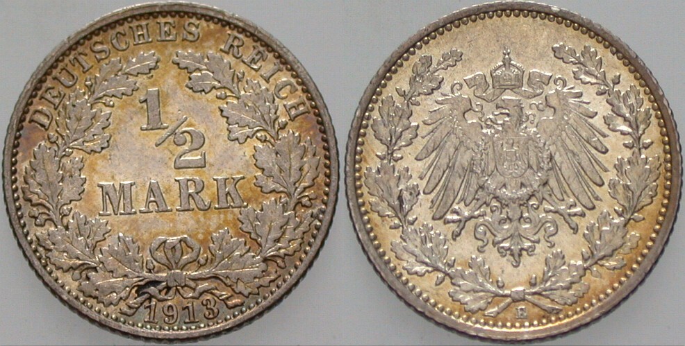 1/2 Mark 1913 J. 16 vorzüglich - Stempelglanz
