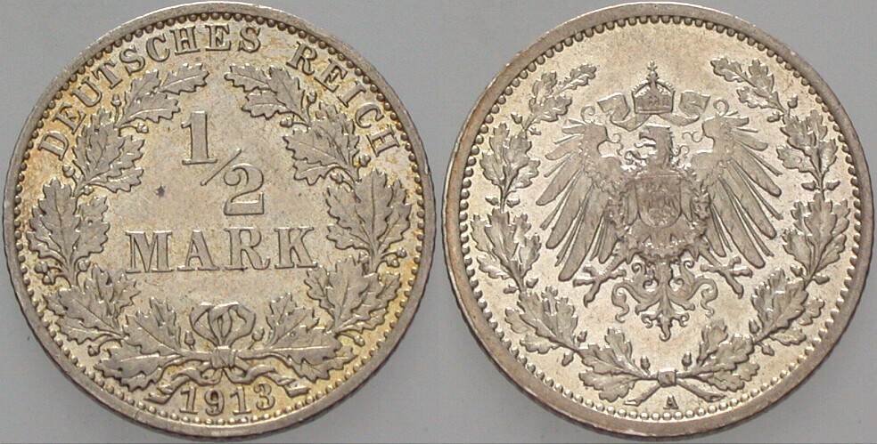 1/2 Mark 1913 J. 16 Vorzüglich