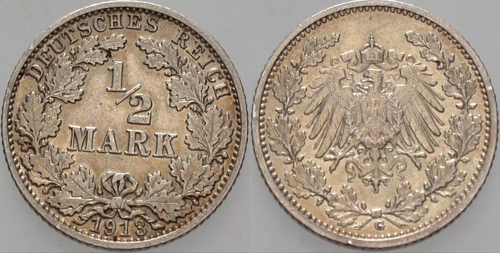 1/2 Mark 1913 J. 16 winz. Kratzer, sehr schön - vorzüglich