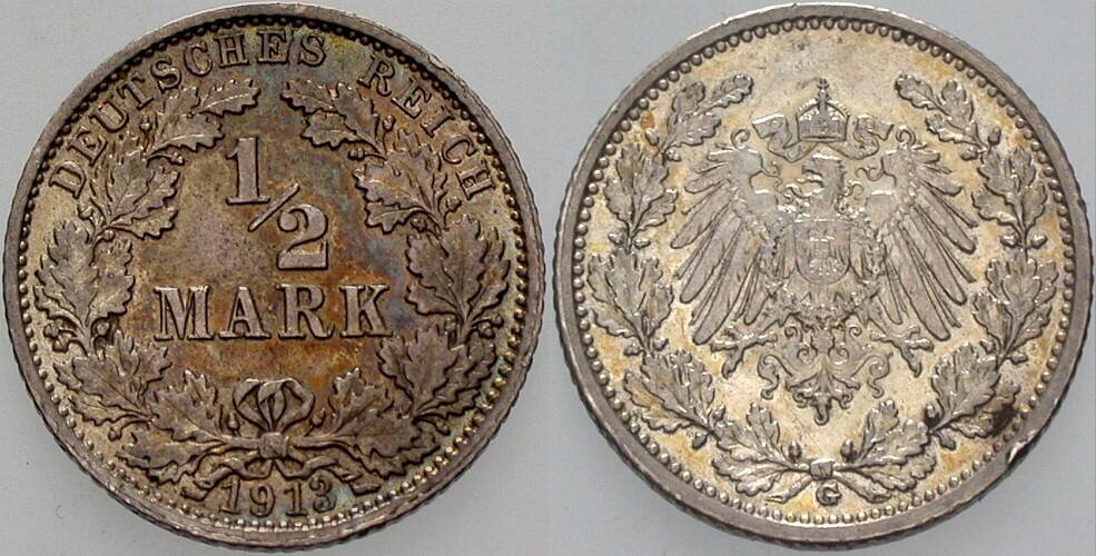 1/2 Mark 1913 J. 16 winz. Randfehler, Patina, fast vorzüglich