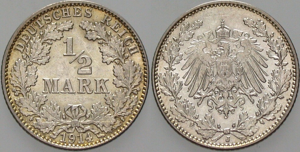 1/2 Mark 1914 J. 16 fast Stempelglanz