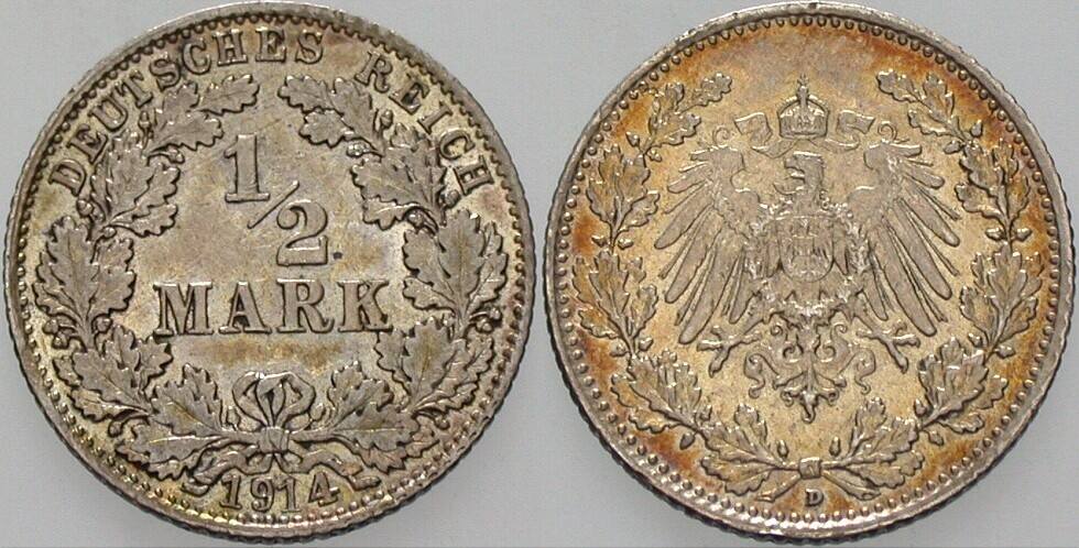 1/2 Mark 1914 J. 16 vorzüglich - Stempelglanz