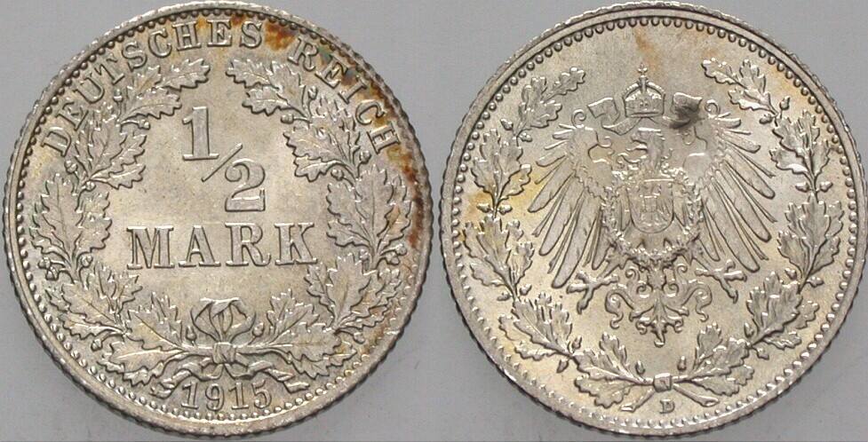 1/2 Mark 1915 J. 16 Patina, fast Stempelglanz
