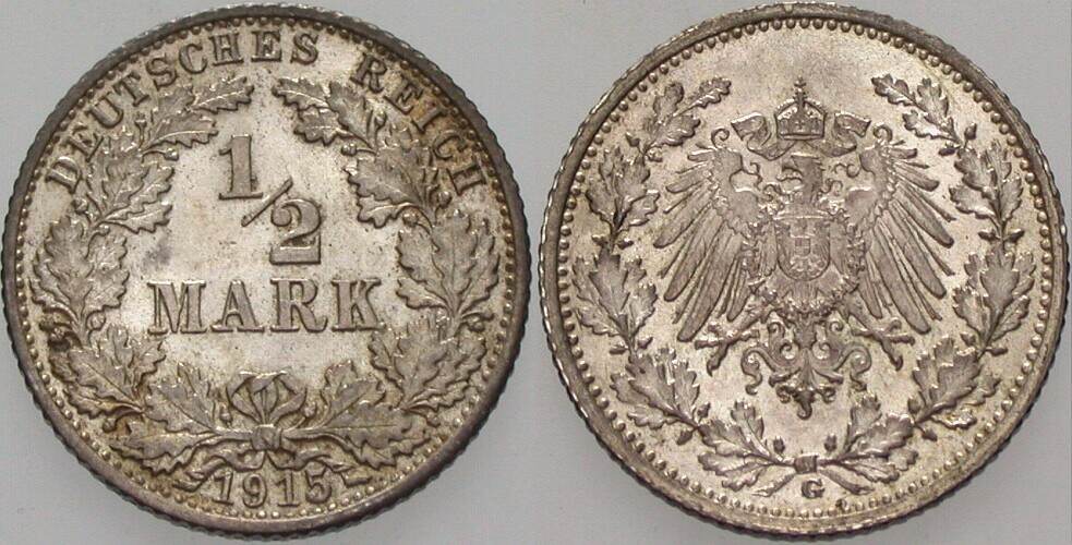 1/2 Mark 1915 J. 16 Patina, vorzüglich +