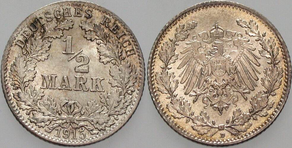 1/2 Mark 1915 J. 16 Vorzüglich - Stempelglanz