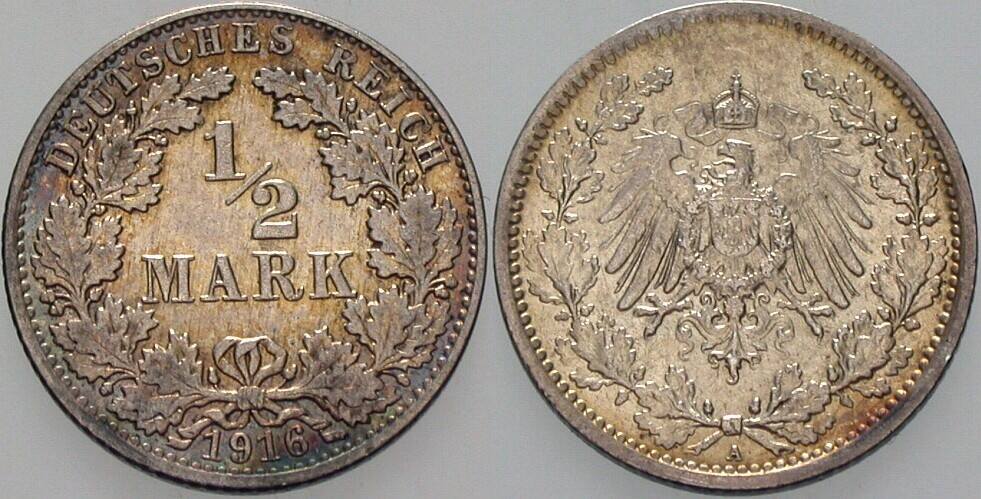 1/2 Mark 1916 J. 16 Fast Stempelglanz