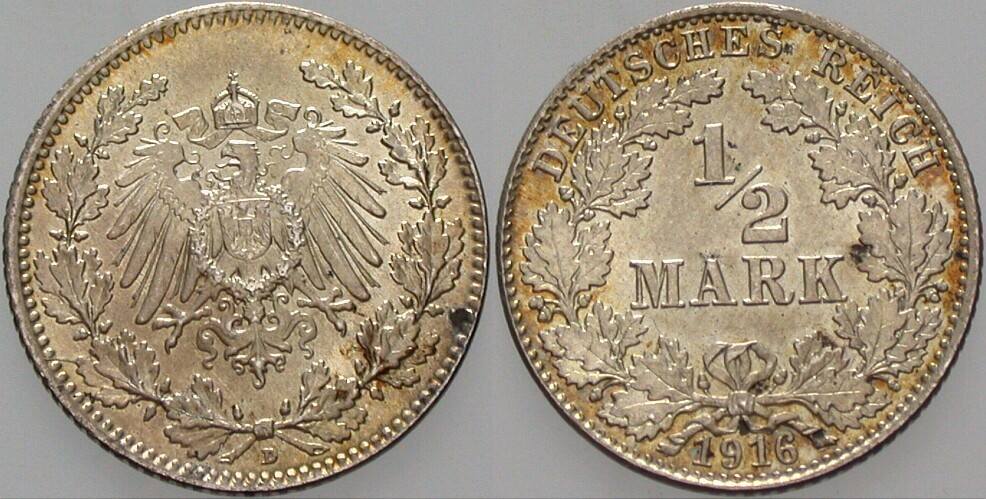1/2 Mark 1916 J. 16 Stempelglanz