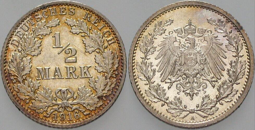 1/2 Mark 1916 J. 16 vorzüglich - Stempelglanz