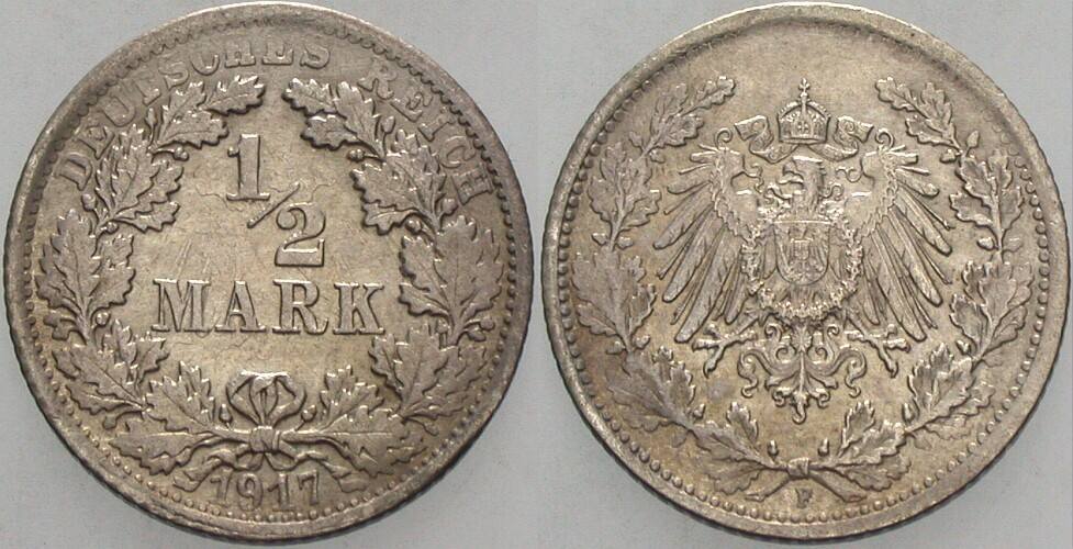 1/2 Mark 1917 J. 16 Kratzer, sehr schön +