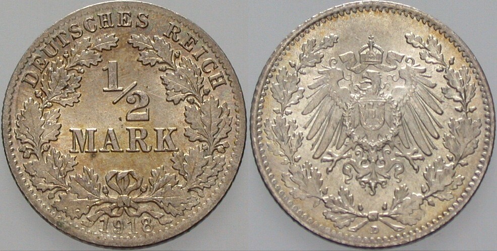 1/2 Mark 1918 J. 16 fast Stempelglanz