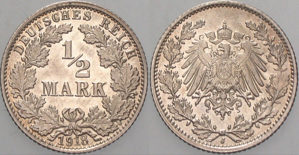 1/2 Mark 1918 J. 16 Patina, vorzüglich - Stempelglanz von polierten Stempeln