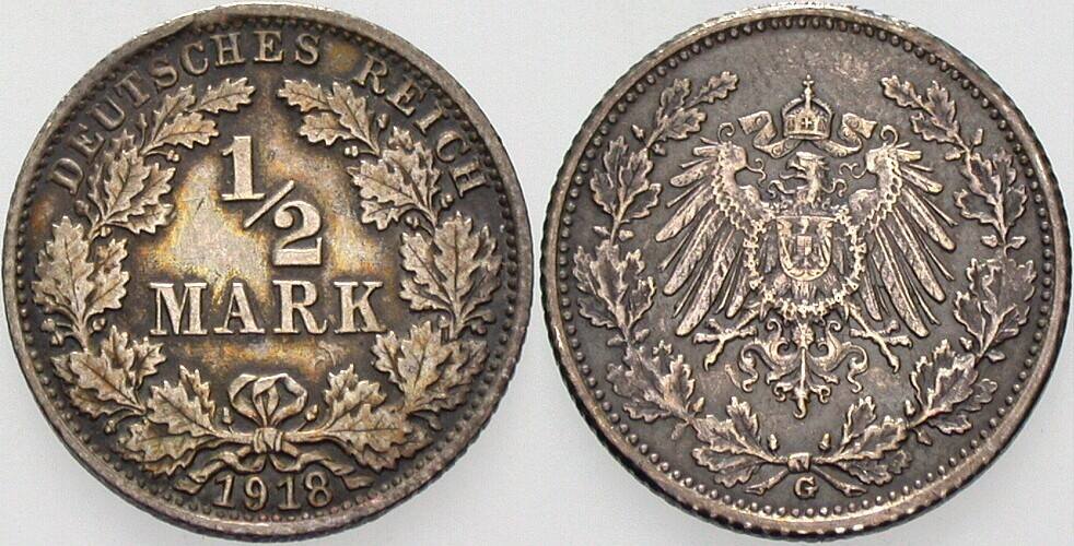 1/2 Mark 1919 J. 16 Geschwärzt, vorzüglich - Stempelglanz