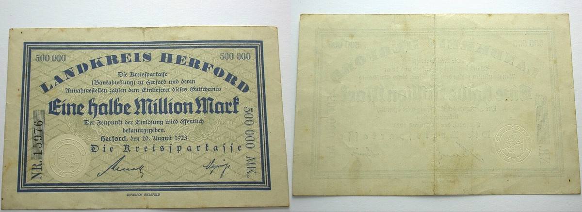 1/2 Million Mark 10.August 1923 Topp 443.01 Gebraucht