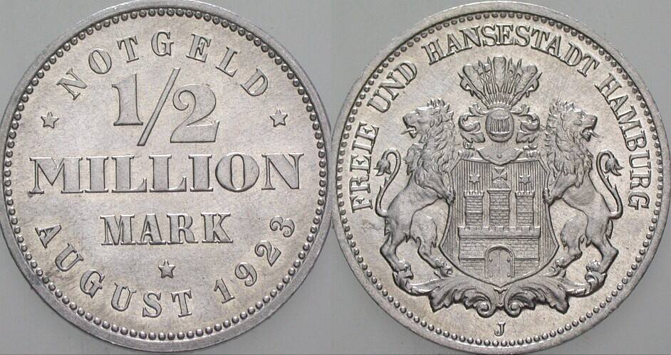 1/2 Million Mark 1923 J. N.34 Vorzüglich - Stempelglanz