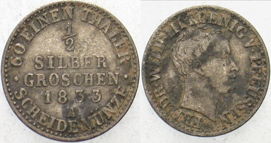 1/2 Silbergroschen 1833 Jaeger 55 Olding 187 AKS 30 Fleckig, sehr schön
