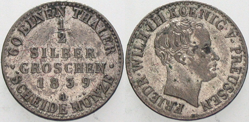 1/2 Silbergroschen 1839 Jaeger 55 AKS 30 Sehr schön