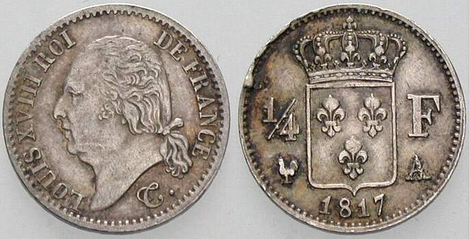 1/4 Franc 1817 Gadoury 352 Patina, wz. Rd.-Verprägung, vorzüglich