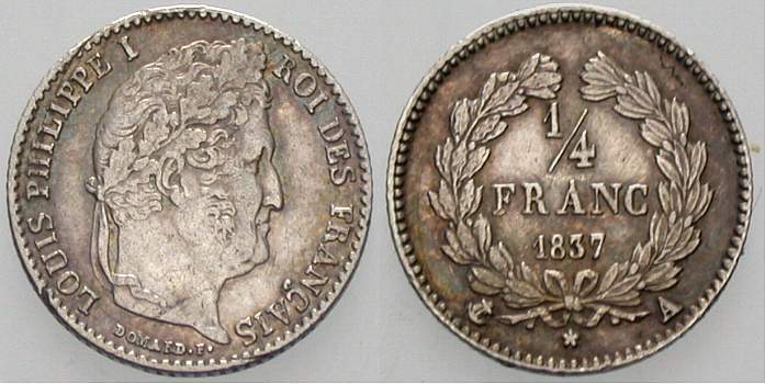 1/4 Franc 1837 Gadoury 355 Patina, sehr schön - vorzüglich