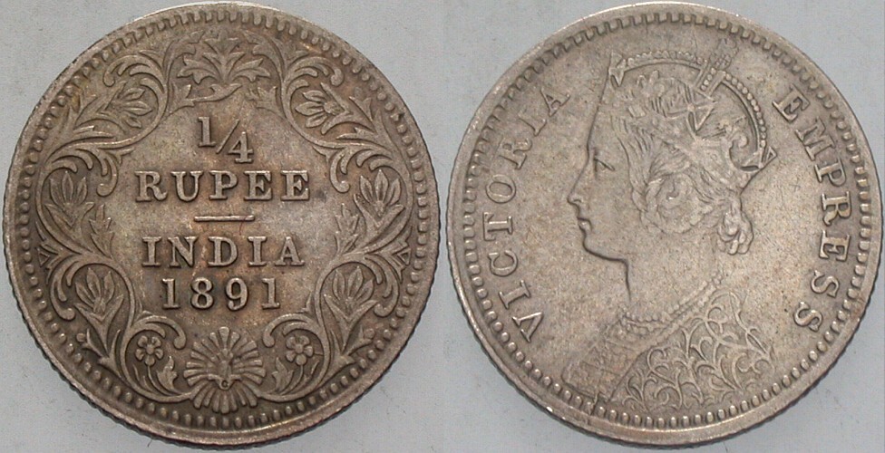 1/4 Rupee 1891 K./M. 490 Sehr schön