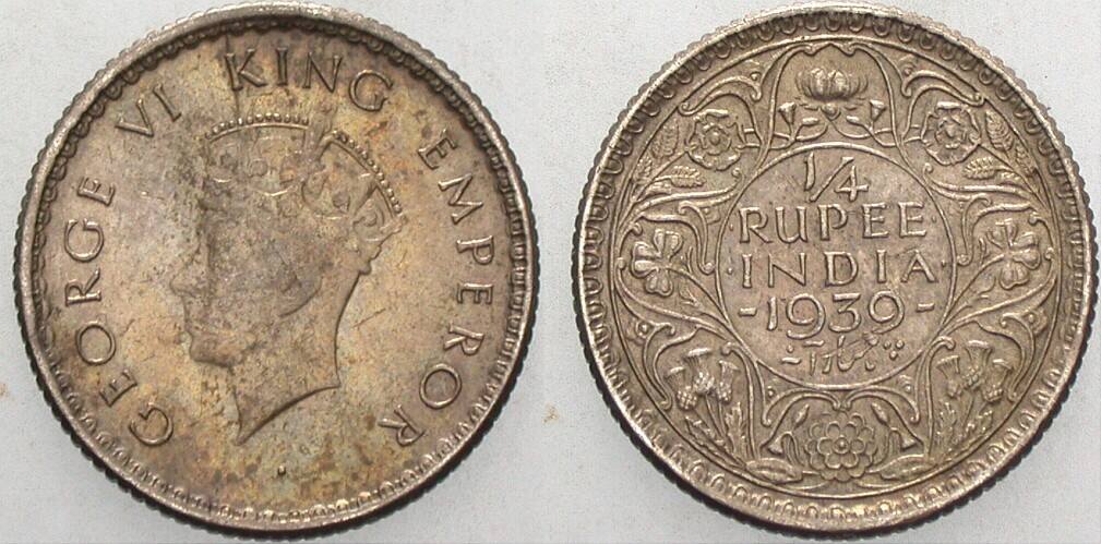 1/4 Rupee 1939 K./M. 544 Kl. Kratzer, Patina, vorzüglich