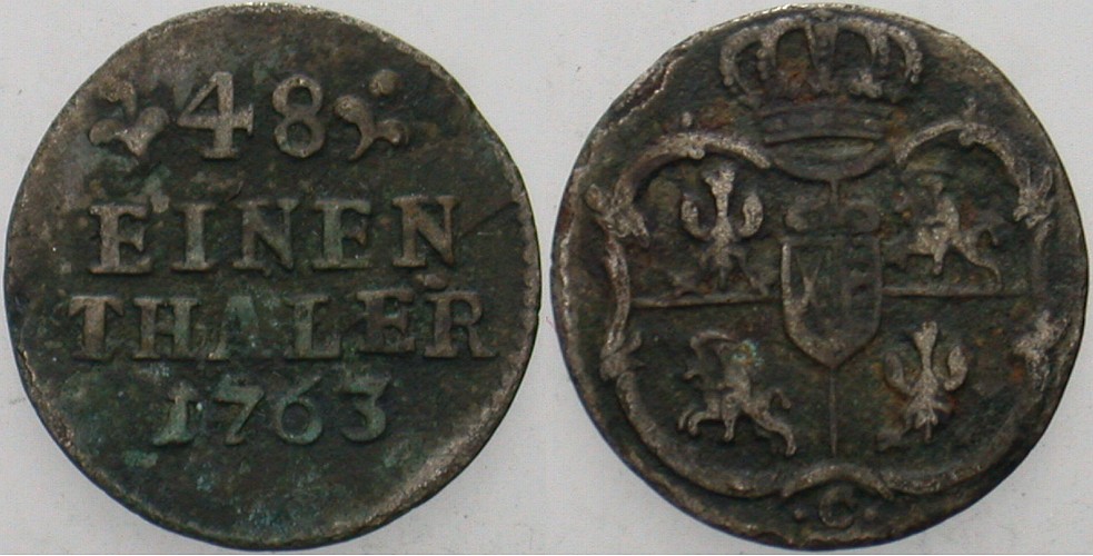 1/48 Taler 1763 Kohl 511 Slg. Merseburger 1774 Patina, fast sehr schön
